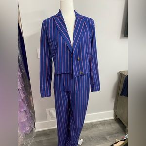 Adorable suit navy blue with red pin striping